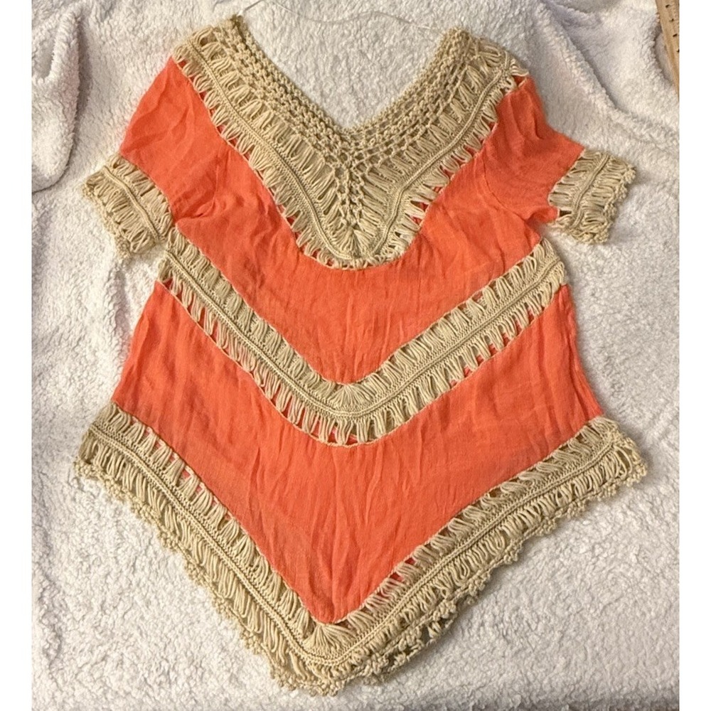UMGEE Tunic Wm S Boho‎ Stretch Knit Crochet Trim Bright Mango Festival Coverup